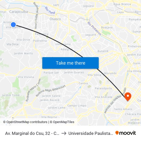 Av. Marginal do Csu, 32 - Cidade Ariston Estela Azevedo, Carapicuíba to Universidade Paulista Chácara Santo Antônio Campus III map