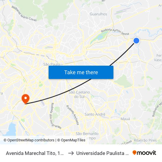 Avenida Marechal Tito, 1079 A - São Miguel Paulista, São Paulo to Universidade Paulista Chácara Santo Antônio Campus III map