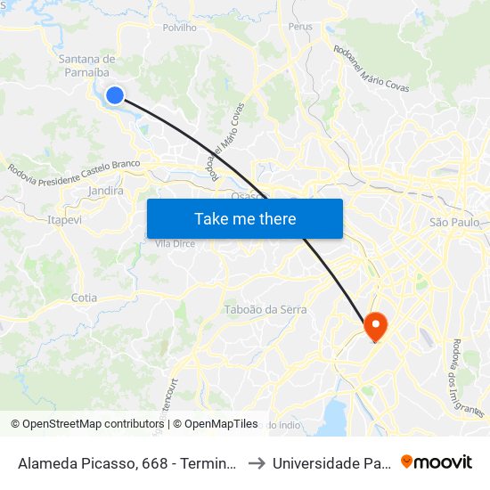 Alameda Picasso, 668 - Terminal do Residencial Burle Marx - Res. Onze (Alphaville), Santana de Parnaíba to Universidade Paulista Chácara Santo Antônio Campus III map