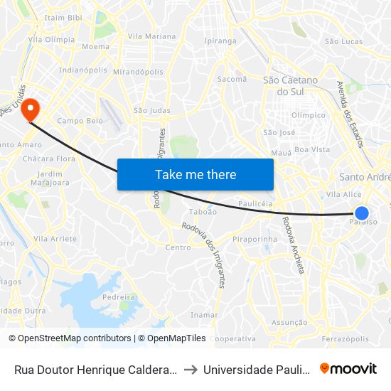 Rua Doutor Henrique Calderazzo, 320 - Hospital Mário Covas - Paraíso, Santo André to Universidade Paulista Chácara Santo Antônio Campus III map