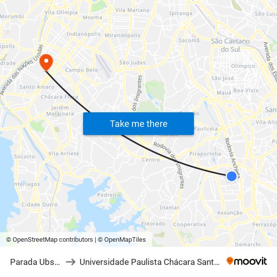 Parada Ubs Planalto to Universidade Paulista Chácara Santo Antônio Campus III map