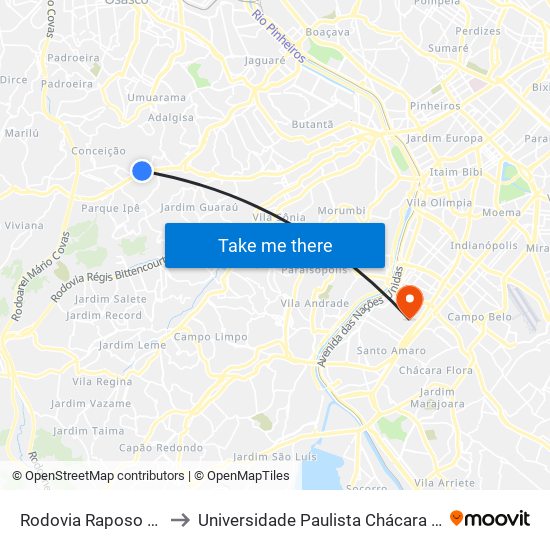 Rodovia Raposo Tavares - Km 18 to Universidade Paulista Chácara Santo Antônio Campus III map