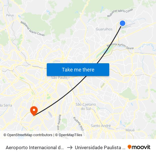 Aeroporto Internacional de São Paulo (Terminal de Passageiros 2) to Universidade Paulista Chácara Santo Antônio Campus III map