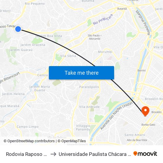 Rodovia Raposo Tavares - Km 16 to Universidade Paulista Chácara Santo Antônio Campus III map