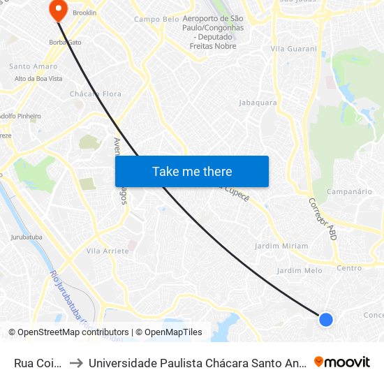 Rua Coimbra to Universidade Paulista Chácara Santo Antônio Campus III map