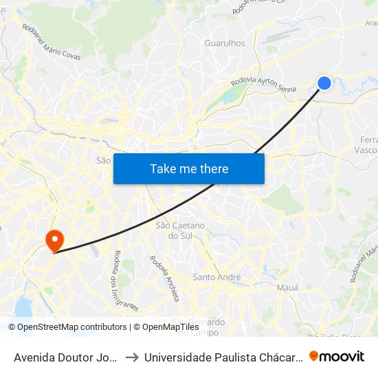 Avenida Doutor José Artur Nova 2707 to Universidade Paulista Chácara Santo Antônio Campus III map