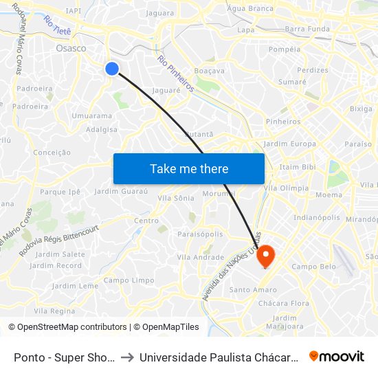 Ponto - Super Shopping de Osasco to Universidade Paulista Chácara Santo Antônio Campus III map