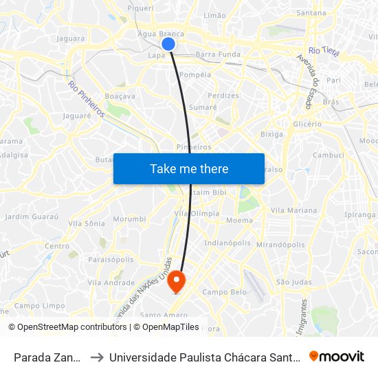 Parada Zanella (C/B) to Universidade Paulista Chácara Santo Antônio Campus III map