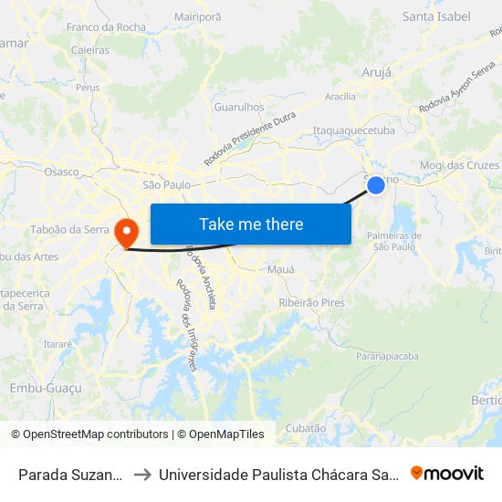 Parada Suzano Shopping to Universidade Paulista Chácara Santo Antônio Campus III map