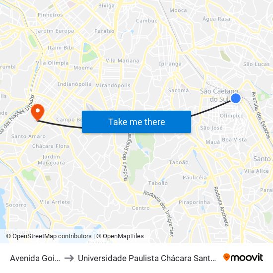 Avenida Goiás 1946 to Universidade Paulista Chácara Santo Antônio Campus III map