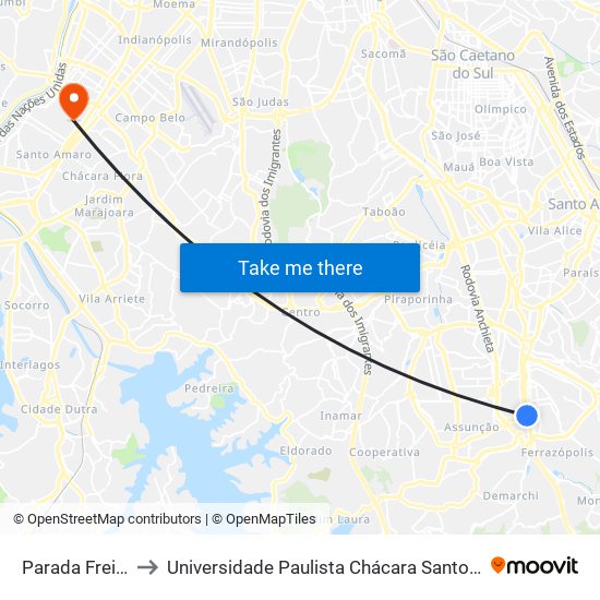 Parada Frei Gaspar to Universidade Paulista Chácara Santo Antônio Campus III map