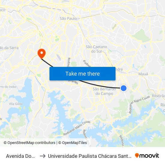 Avenida Dom Pedro I to Universidade Paulista Chácara Santo Antônio Campus III map