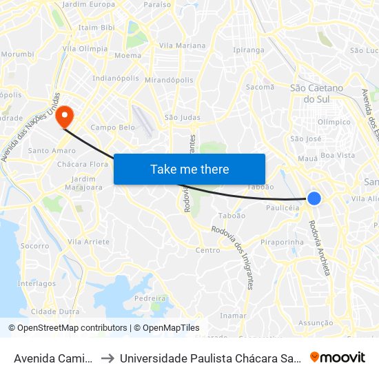 Avenida Caminho do Mar to Universidade Paulista Chácara Santo Antônio Campus III map