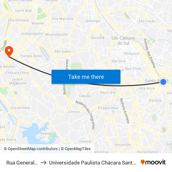 Rua General Glicério to Universidade Paulista Chácara Santo Antônio Campus III map