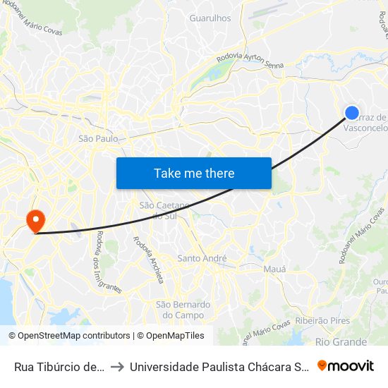 Rua Tibúrcio de Sousa 3350 to Universidade Paulista Chácara Santo Antônio Campus III map