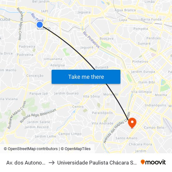 Av. dos Autonomistas 5110 to Universidade Paulista Chácara Santo Antônio Campus III map