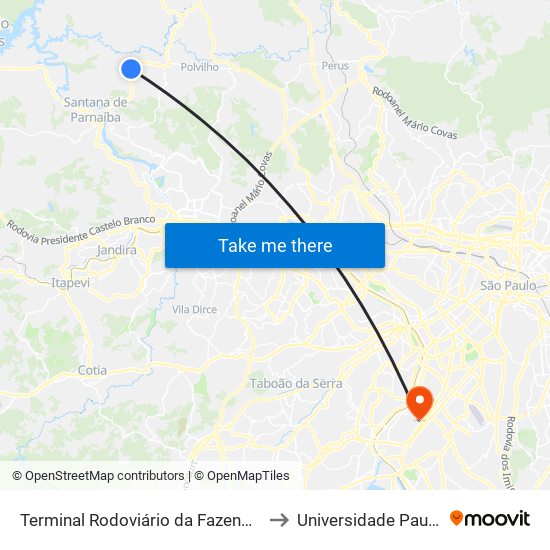 Terminal Rodoviário da Fazendinha - Parque dos Eucaliptos (Fazendinha), Santana de Parnaíba to Universidade Paulista Chácara Santo Antônio Campus III map