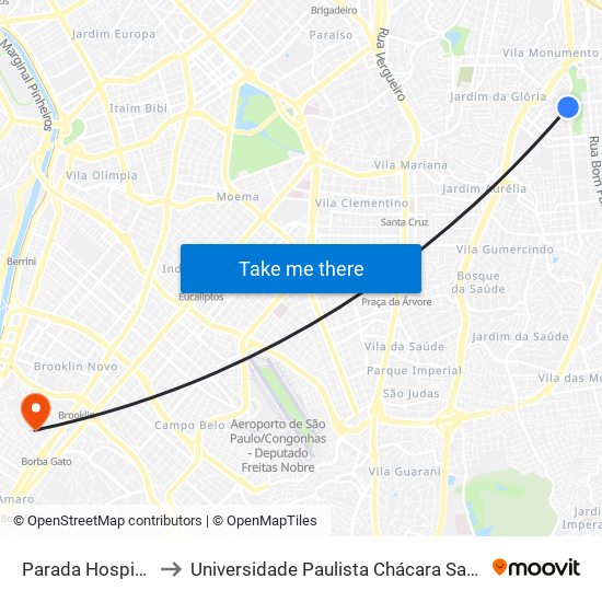 Parada Hospital Ipiranga to Universidade Paulista Chácara Santo Antônio Campus III map