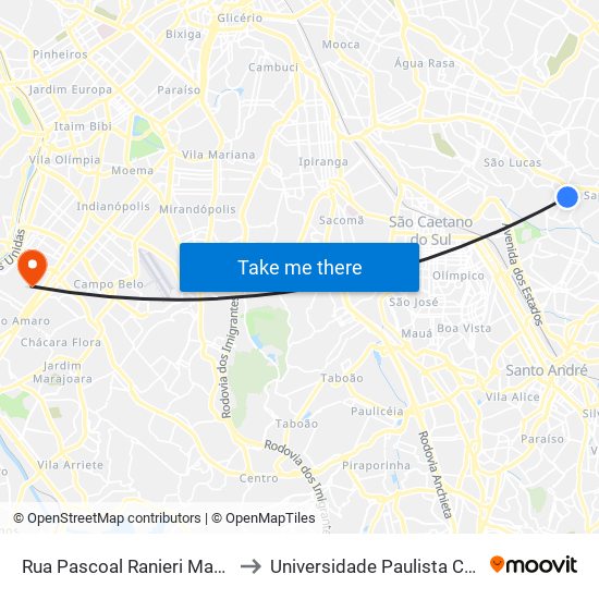 Rua Pascoal Ranieri Mazzilli, 90 - Vila Mendes, São Paulo to Universidade Paulista Chácara Santo Antônio Campus III map