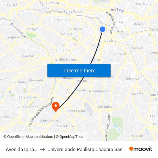 Avenida Ipiranga 1119 to Universidade Paulista Chácara Santo Antônio Campus III map