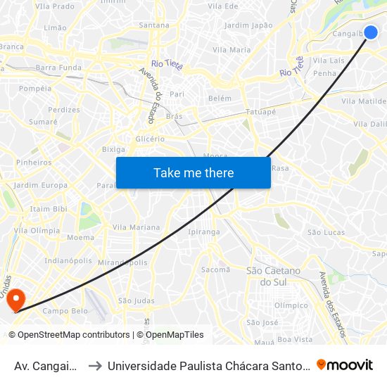 Av. Cangaiba, 3722 to Universidade Paulista Chácara Santo Antônio Campus III map