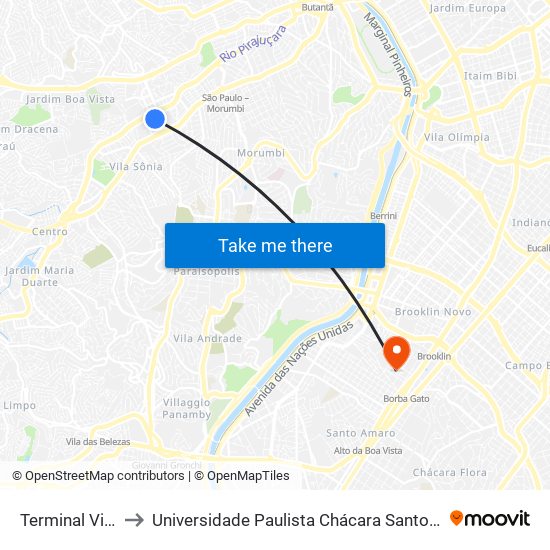 Terminal Vila Sônia to Universidade Paulista Chácara Santo Antônio Campus III map