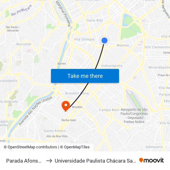 Parada Afonso Braz-B/C2 to Universidade Paulista Chácara Santo Antônio Campus III map