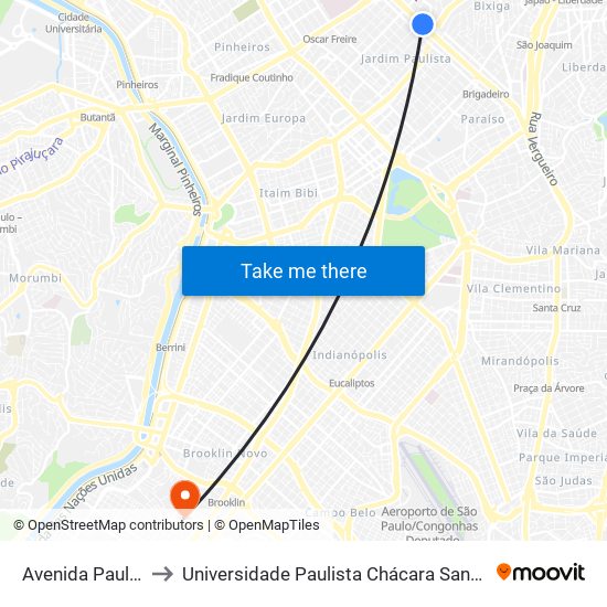 Avenida Paulista 1810 to Universidade Paulista Chácara Santo Antônio Campus III map