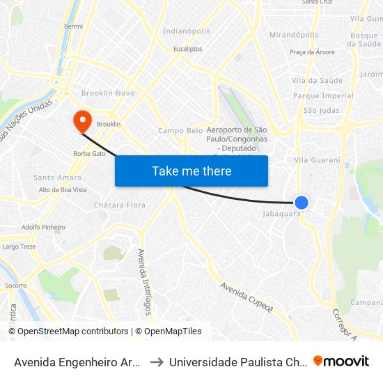 Avenida Engenheiro Armando de Arruda Pereira 2100 to Universidade Paulista Chácara Santo Antônio Campus III map