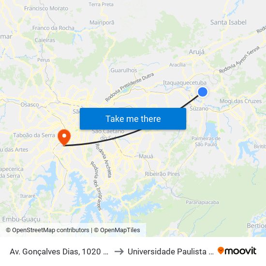 Av. Gonçalves Dias, 1020 - Parque Res. Marengo, Itaquaquecetuba to Universidade Paulista Chácara Santo Antônio Campus III map