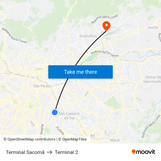 Terminal Sacomã to Terminal 2 map