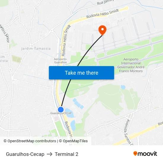 Guarulhos-Cecap to Terminal 2 map