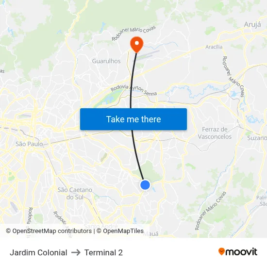 Jardim Colonial to Terminal 2 map