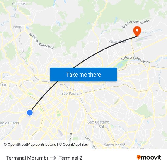 Terminal Morumbi to Terminal 2 map