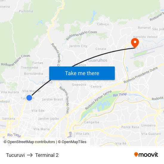 Tucuruvi to Terminal 2 map