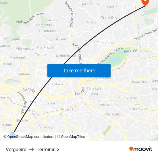 Vergueiro to Terminal 2 map