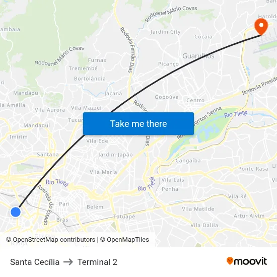 Santa Cecília to Terminal 2 map