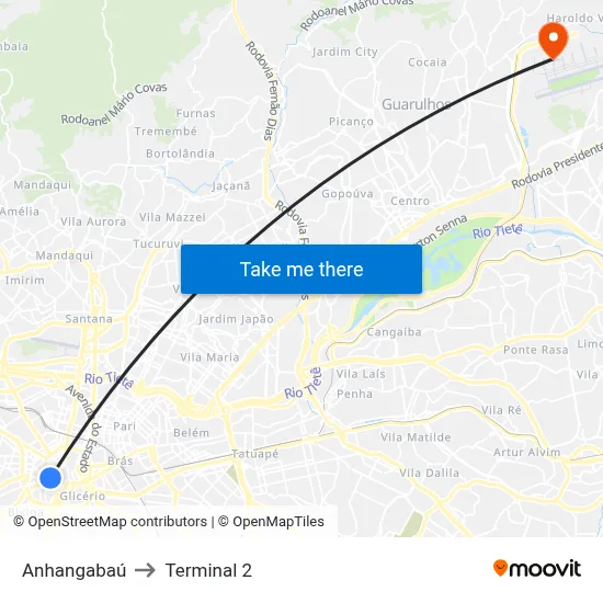 Anhangabaú to Terminal 2 map