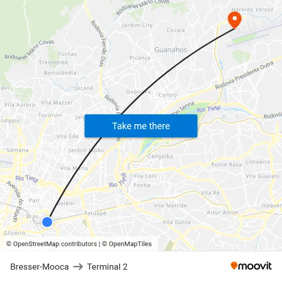 Bresser-Mooca to Terminal 2 map