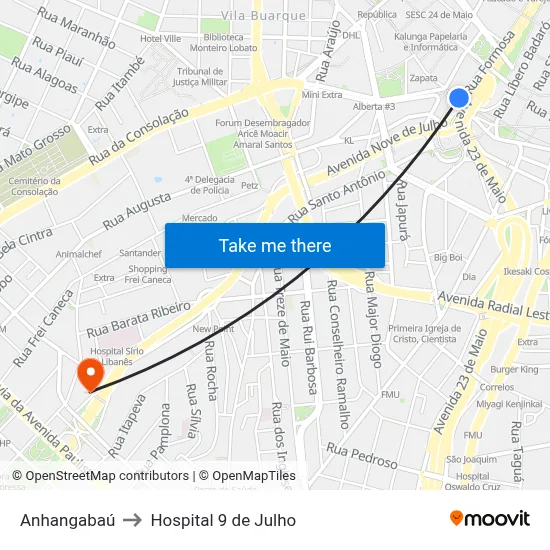 Anhangabaú to Hospital 9 de Julho map