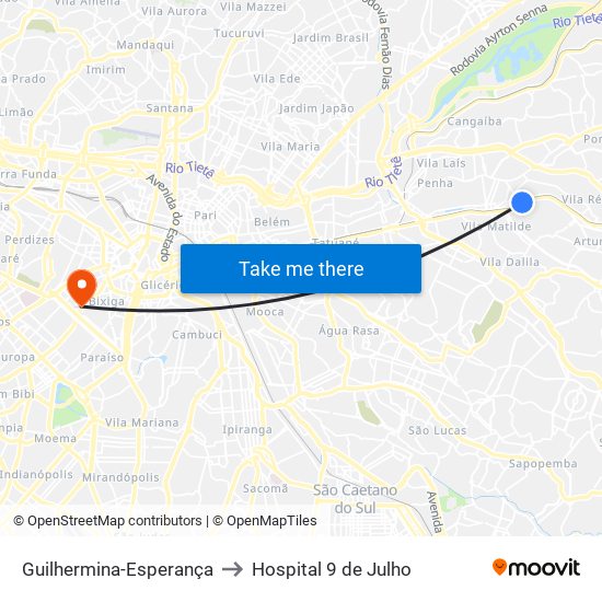 Guilhermina-Esperança to Hospital 9 de Julho map