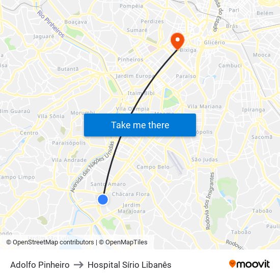 Adolfo Pinheiro to Hospital Sírio Libanês map