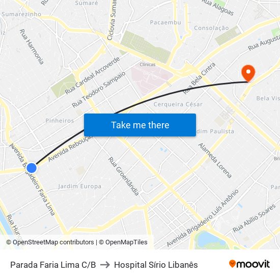 Parada Faria Lima C/B to Hospital Sírio Libanês map