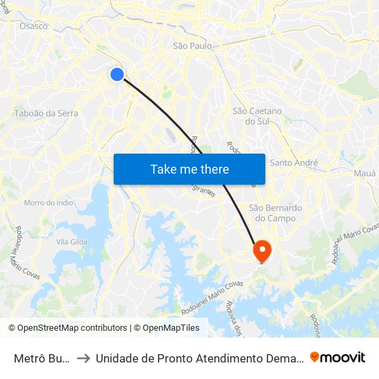 Metrô Butantã to Unidade de Pronto Atendimento Demarchi / Batistini map