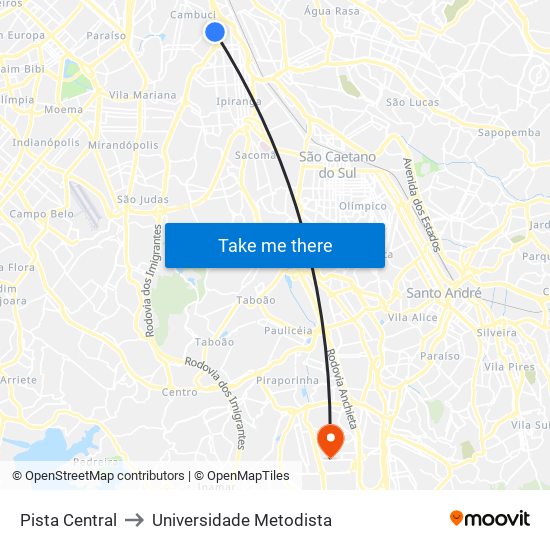 Pista Central to Universidade Metodista map