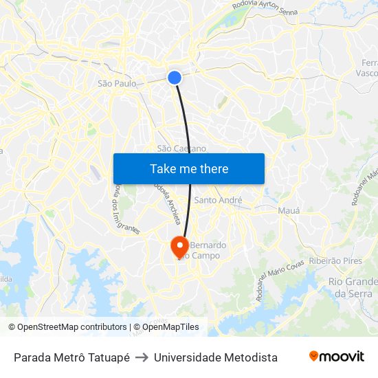 Parada Metrô Tatuapé to Universidade Metodista map