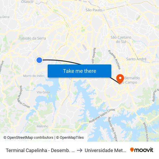 Terminal Capelinha - Desemb. Plat 6 to Universidade Metodista map