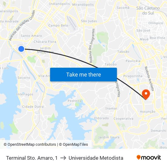 Terminal Sto. Amaro, 1 to Universidade Metodista map