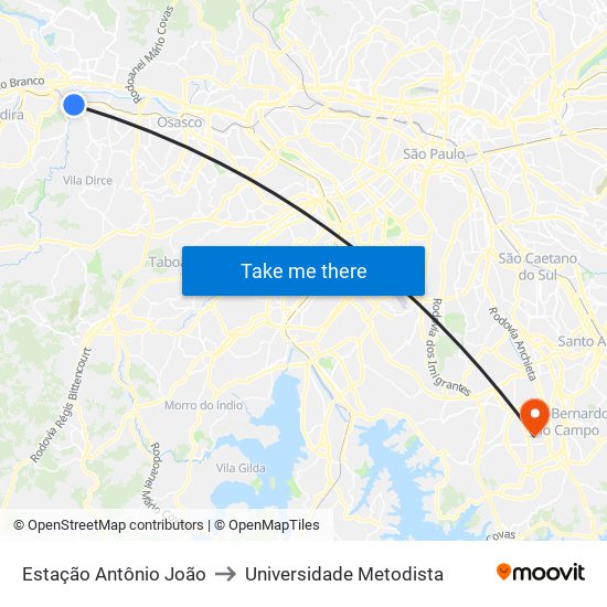 Estação Antônio João to Universidade Metodista map