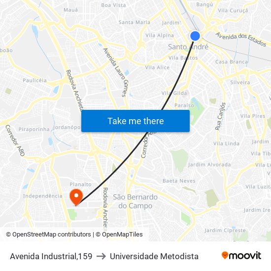 Avenida Industrial,159 to Universidade Metodista map